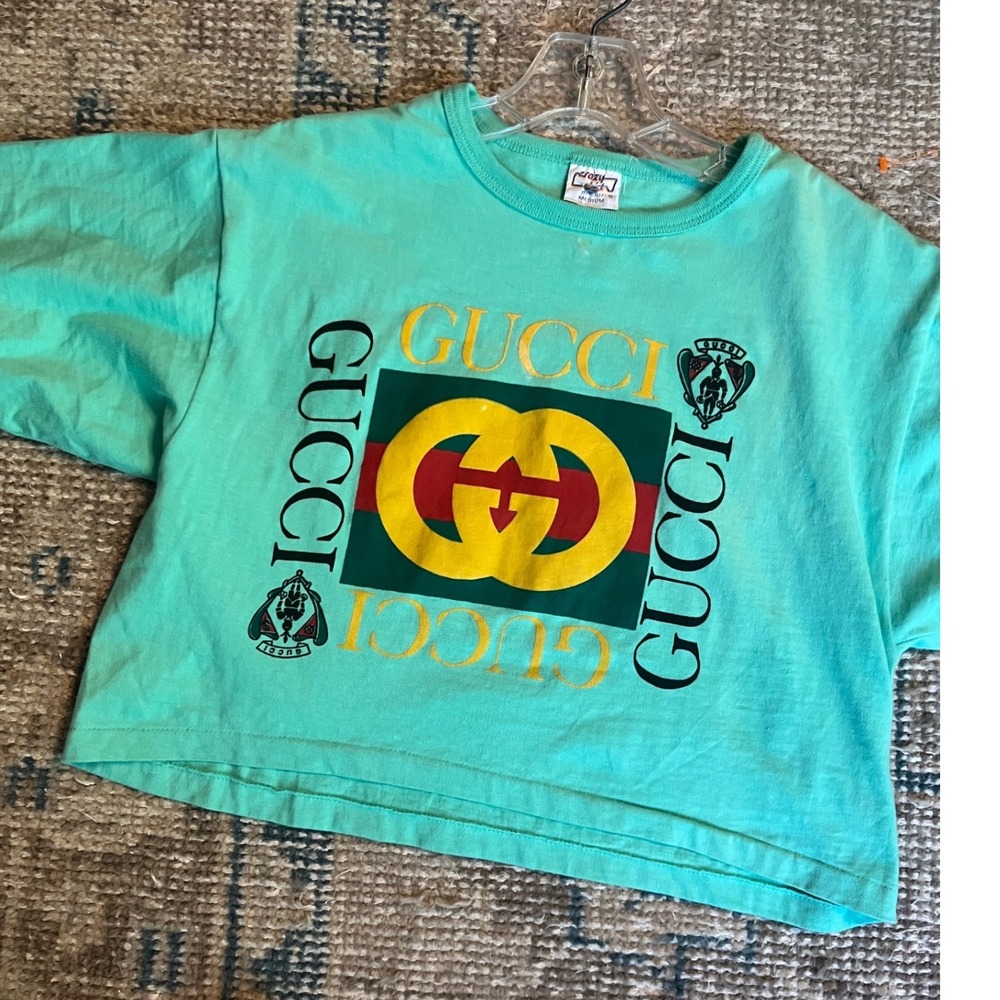 Vintage Bootleg Gucci Graphic T Shirt Mint Green Cropped Retro 80s 90s Medium